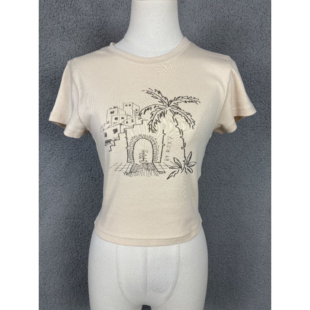 Roxy Women's Beige Graphic Cropped All Day T-Shirt Size Medium New With Tag's